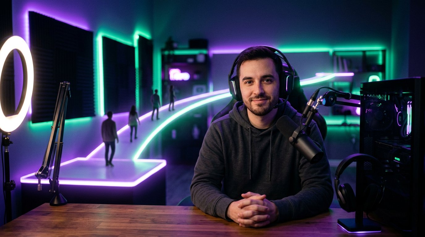 Стример объясняет переход с Twitch на Kick в оборудованной комнате.
