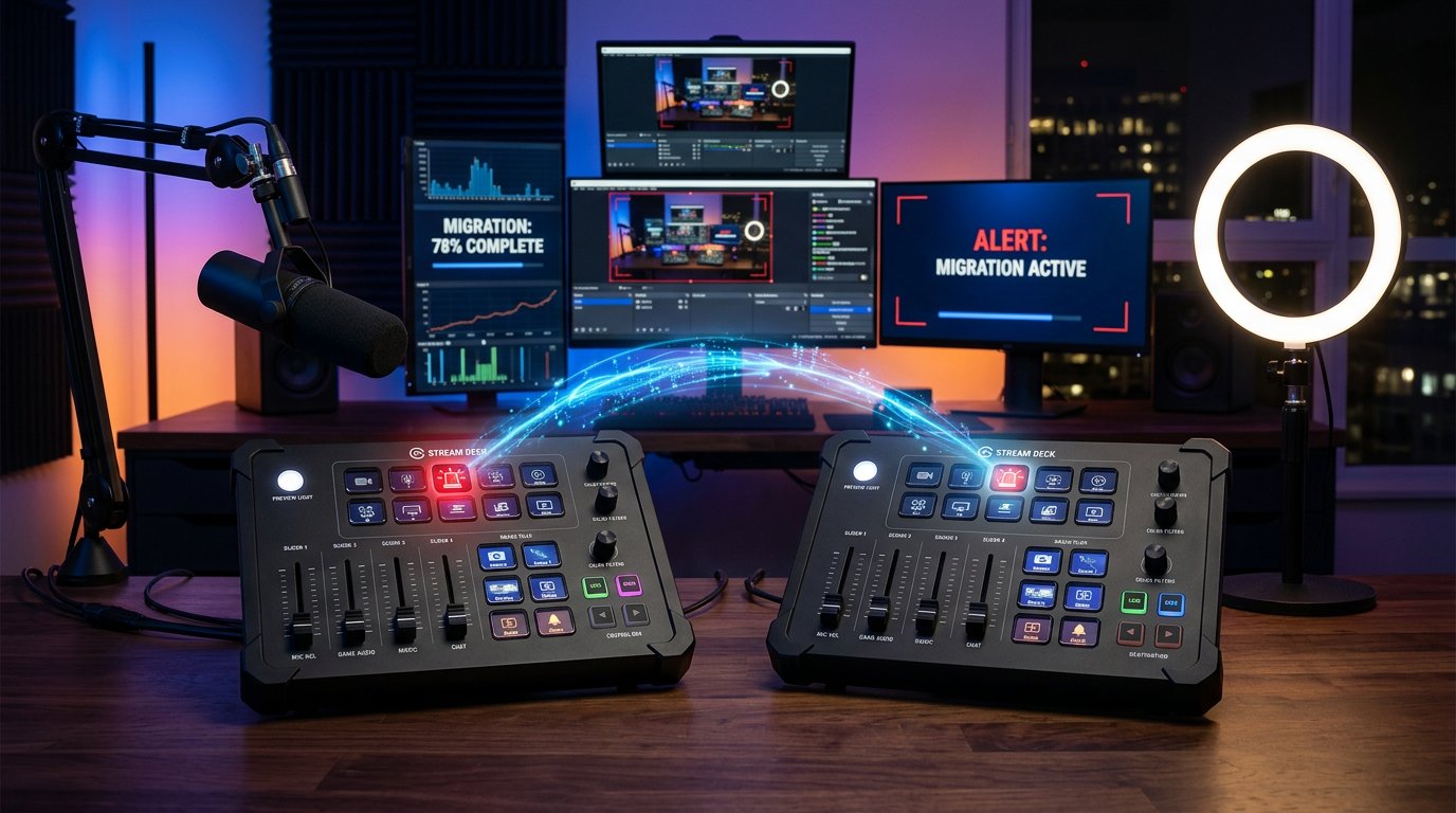 Рабочее место стримера с двумя пультами Stream Deck и мониторами, отображающими процесс миграции данных.
